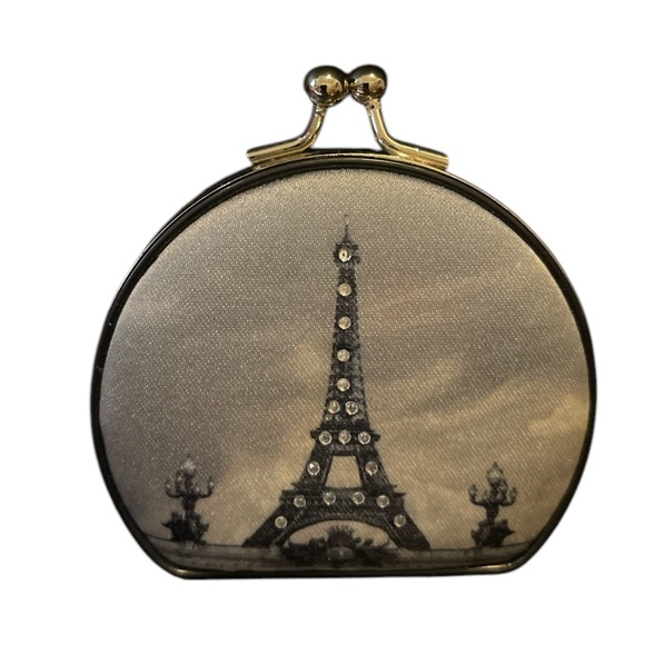 Vintage Eiffel Tower Soft Sided Double Mirror Compact w/ Rhinestones Kiss Lock - Picture 1 of 6